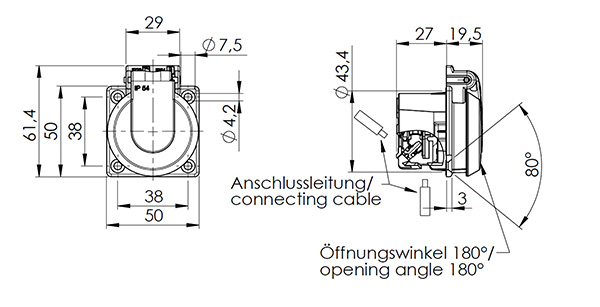 Schuko-inbouwcontactdoos 2-polig + r.a. 16A IP54, ABL 1661-050